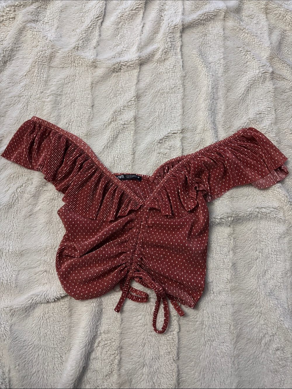 Zara Rust Polka Dot Ruched Drawstring Crop Top - Picture 2 of 2